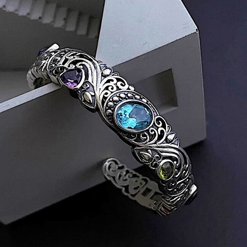 Vintage Sterling Silver Bangle, Multicolor Gemstone Engraved Cuff, Elega…